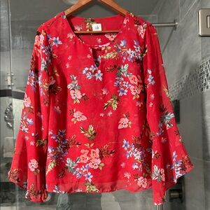 Cabi Floral Red blouse with bell sleeves